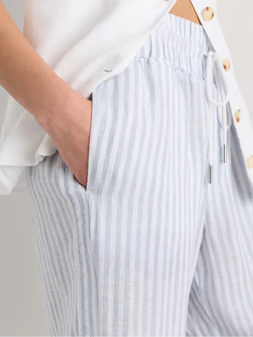 Quince Light Blue & White Striped Wide-Leg Linen-Blend Pants - Picture 3 of 10